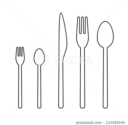 Cutlery set (spoon, fork, knife, teaspoon, cake fork) | Bird's-eye view, Vector, Thin 133499104