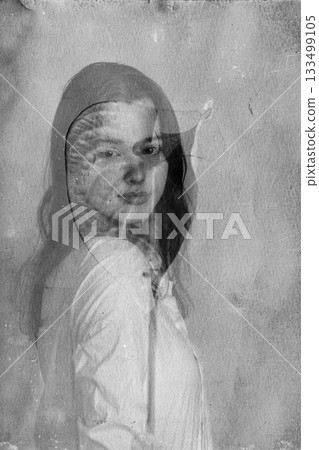 Beautiful woman double exposure with flower portrait 133499105