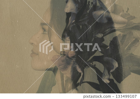 Beautiful woman double exposure with flower portrait 133499107