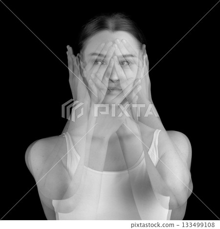 Abstract and surreal woman in motion blur studio portrait Abstract and surreal woman in motion blur studio portrait 133499108