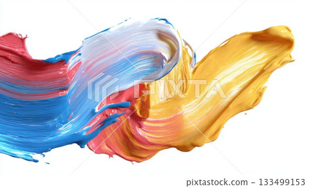 Vibrant multicolored paint strokes swirl dynamically across a white background 133499153
