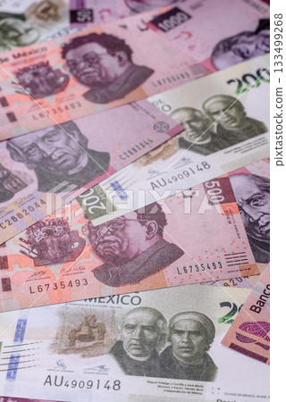 Mexican paper money, pesos in various denominations. Mexican money Mexican paper money, pesos in various denominations. Mexican money 133499268