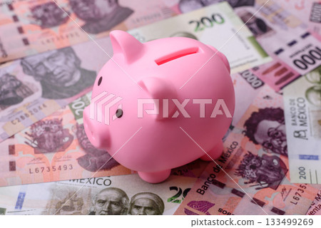 Mexican paper money, pesos in various denominations. Mexican money 133499269