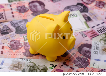 Mexican paper money, pesos in various denominations. Mexican money 133499273