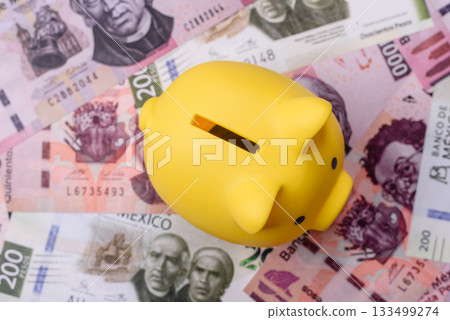 Mexican paper money, pesos in various denominations. Mexican money 133499274