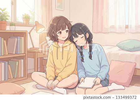 Sisters relaxing in the room, illustration of gentle time and soft sunlight Sisters relaxing in the room, illustration of gentle time and soft sunlight 133499372