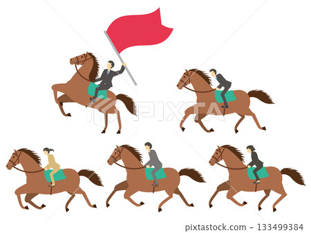 Set of illustrations of businessmen wearing suits and riding horses_male leaders Set of illustrations of businessmen wearing suits and riding horses_male leaders 133499384