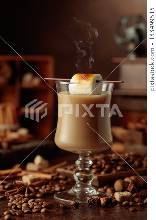 Cream and coffee cocktail, decorated with toasted marshmallow. Cream and coffee cocktail, decorated with toasted marshmallow. 133499515