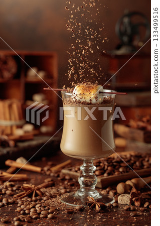 Cream and coffee cocktail with toasted marshmallow and chocolate crumbs. Cream and coffee cocktail with toasted marshmallow and chocolate crumbs. 133499516