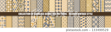 Collection of vector seamless colorful vintage patterns. Trendy stylish backgrounds in fashion retro style. Simple unusual textile creative prints 133499529