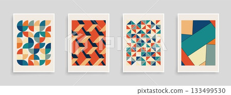 Collection of bright color abstract posters with geometric shapes. Modern art covers, backgrounds, placards, brochures, banners, flyers, presentation template. Retro style - hipster funky prints 133499530