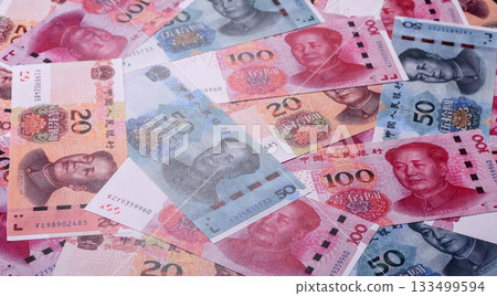 Chinese paper money, yuans in various denominations. China money Chinese paper money, yuans in various denominations. China money 133499594