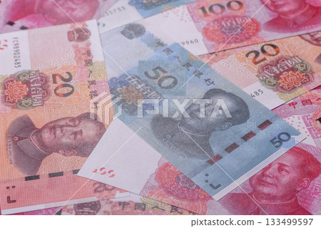 Chinese paper money, yuans in various denominations. China money 133499597