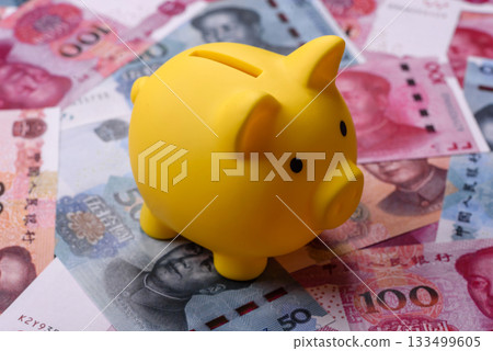 Chinese paper money, yuans in various denominations. China money 133499605