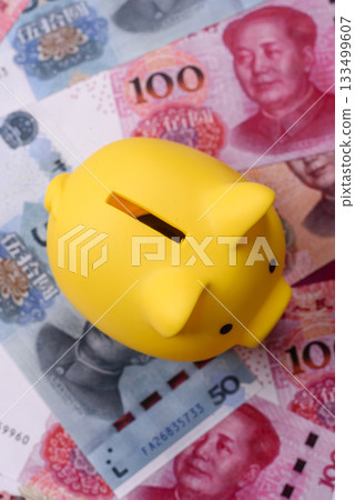 Chinese paper money, yuans in various denominations. China money 133499607