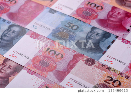 Chinese paper money, yuans in various denominations. China money Chinese paper money, yuans in various denominations. China money 133499613