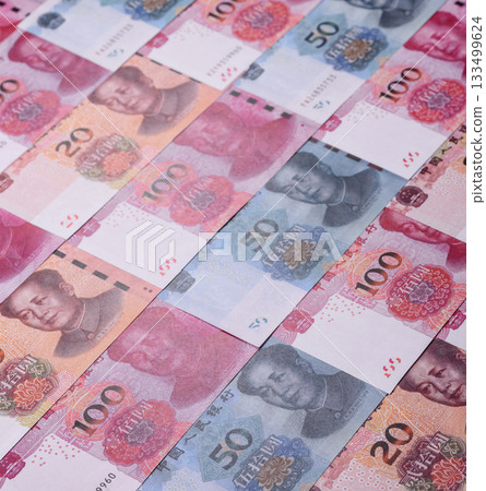 Chinese paper money, yuans in various denominations. China money 133499624