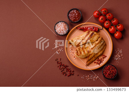 Grilled chicken or turkey breast, a healthy lunch option. Grilled chicken steak Grilled chicken or turkey breast, a healthy lunch option. Grilled chicken steak 133499673