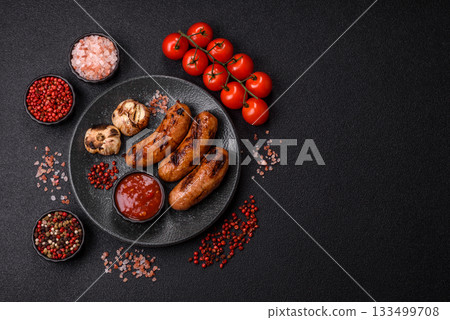 Grilled chicken or beef sausages with sauce and spices. Grilled sausages Grilled chicken or beef sausages with sauce and spices. Grilled sausages 133499708