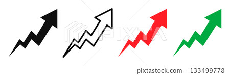 Business analytics icons with an arrow showing financial market growth. Vector strong upward arrow representing business expansion market growth and financial performance. 133499778