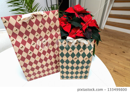 Poinsettia flower on table with Christmas gift bags Poinsettia flower on table with Christmas gift bags 133499800