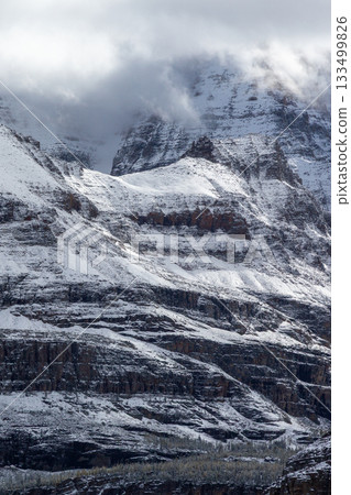 積雪覆蓋的崎嶇山岩壁_垂直 133499826