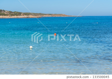 A calm seaside scene with transparent turquoise water gently washing over the sandy shore. The bright horizon and warm daylight create a peaceful vacation atmosphere perfect for travel imagery, La A calm seaside scene with transparent turquoise water gently washing over the sandy shore. The bright horizon and warm daylight create a peaceful vacation atmosphere perfect for travel imagery, La 133500045