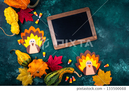 Thanksgiving day background with craft turkey Thanksgiving day background with craft turkey 133500088