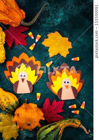 Thanksgiving day background with craft turkey Thanksgiving day background with craft turkey 133500091