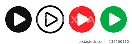 Play button icon set. Start audio or video action symbol. Play button icons vector media symbols isolated flat style showing start action for audio or video content. Play button icon set. Start audio or video action symbol. Play button icons vector media symbols isolated flat style showing start action for audio or video content. 133500110