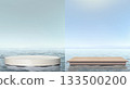 White marble and wooden podium stand in sea water scene 133500200