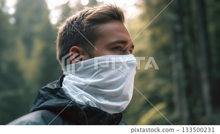 Blank white neck gaiter on traveler man mockup, ai generated 133500231