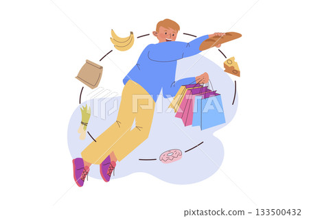 Shopping concept with cartoon people for web design. Happy man with many bags buying foods in supermarket and products in grocery store, payment at checkout with bonus savings. Vector illustration. Shopping concept with cartoon people for web design. Happy man with many bags buying foods in supermarket and products in grocery store, payment at checkout with bonus savings. Vector illustration. 133500432