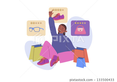 Shopping concept with cartoon people for web design. Happy woman with many bags doing online purchases with discount prices, choosing clothing with special offers at clearance. Vector illustration. 133500433