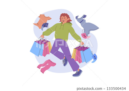 Shopping concept with cartoon people for web design. Happy woman with many bags doing purchases with discount prices, buying clothing at seasonal clearance in boutique showroom. Vector illustration. 133500434