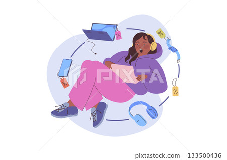 Shopping concept with cartoon people for web design. Happy woman doing online purchases with discount prices and buying gadgets with special prices at cyber monday clearance. Vector illustration. 133500436