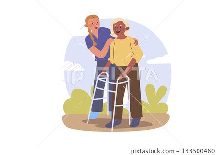 Nursing home concept with cartoon people for web design. Caregiver helping grandmother going outside with walking frame. Medical staff supporting and taking care elderly patients. Vector illustration. Nursing home concept with cartoon people for web design. Caregiver helping grandmother going outside with walking frame. Medical staff supporting and taking care elderly patients. Vector illustration. 133500460