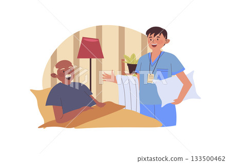 Nursing home concept with cartoon people for web design. Caregiver holding pillow and blanket for grandfather bedroom. Medical staff supporting and taking care elderly patients. Vector illustration. Nursing home concept with cartoon people for web design. Caregiver holding pillow and blanket for grandfather bedroom. Medical staff supporting and taking care elderly patients. Vector illustration. 133500462
