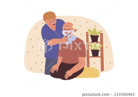 Nursing home concept with cartoon people for web design. Caregiver shaving beard to grandfather, helping with hygiene. Medical staff supporting and taking care elderly patients. Vector illustration. 133500463