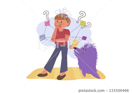 Mindset wellbeing concept with cartoon people for web design. Boy thinking and searching answer to questions, inner monster mascot in positive emotion helping and getting ideas. Vector illustration. Mindset wellbeing concept with cartoon people for web design. Boy thinking and searching answer to questions, inner monster mascot in positive emotion helping and getting ideas. Vector illustration. 133500466