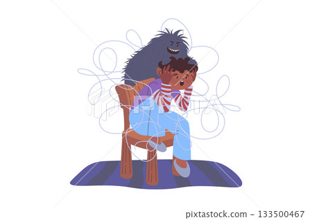 Mindset wellbeing concept with cartoon people for web design. Unhappy boy with chaotic thoughts suffering from inner monster mascot in negative emotion, panic attack or anxiety. Vector illustration. Mindset wellbeing concept with cartoon people for web design. Unhappy boy with chaotic thoughts suffering from inner monster mascot in negative emotion, panic attack or anxiety. Vector illustration. 133500467