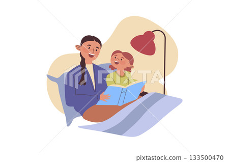 Children learning concept with cartoon people for web design. Mother reading book with daughter while sitting in bed, girl listening story and enjoying literature with parent. Vector illustration. Children learning concept with cartoon people for web design. Mother reading book with daughter while sitting in bed, girl listening story and enjoying literature with parent. Vector illustration. 133500470