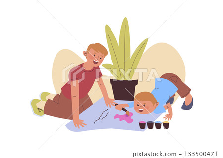Children learning concept with cartoon people for web design. Father helping his son doing art homework, boy drawing picture and painting with brush, playing with parent at home. Vector illustration. Children learning concept with cartoon people for web design. Father helping his son doing art homework, boy drawing picture and painting with brush, playing with parent at home. Vector illustration. 133500471