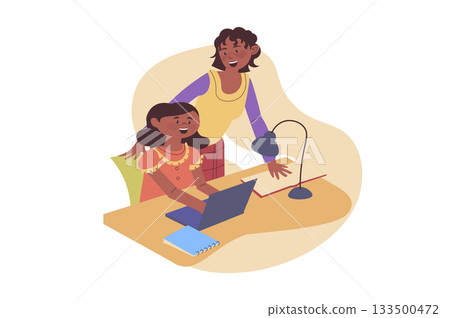 Children learning concept with cartoon people for web design. Mother helping her daughter doing homework, girl studying online and using laptop and notes, sitting desk at home. Vector illustration. 133500472