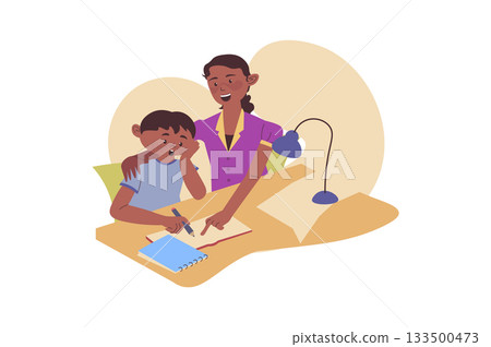 Children learning concept with cartoon people for web design. Mother helping her son doing homework, boy studying and writing in notebook, reading book, sitting desk at home. Vector illustration. 133500473