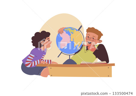 Children learning concept with cartoon people for web design. Classmates studying geography with globe, looking at continents at map, exploring landmarks and culture diversity. Vector illustration. Children learning concept with cartoon people for web design. Classmates studying geography with globe, looking at continents at map, exploring landmarks and culture diversity. Vector illustration. 133500474