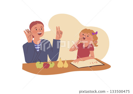 Children learning concept with cartoon people for web design. Mother explaining elementary arithmetic to daughter, girl pupil studying addition with fruits and doing homework. Vector illustration. Children learning concept with cartoon people for web design. Mother explaining elementary arithmetic to daughter, girl pupil studying addition with fruits and doing homework. Vector illustration. 133500475