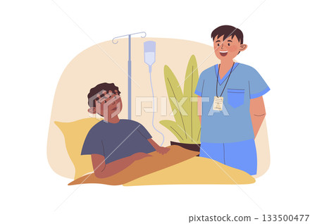 Healthcare concept with cartoon people for web design. Patient lies at bed in clinic ward, getting treatment for recovery in hospital, nurse monitoring and helping in clinic. Vector illustration. Healthcare concept with cartoon people for web design. Patient lies at bed in clinic ward, getting treatment for recovery in hospital, nurse monitoring and helping in clinic. Vector illustration. 133500477