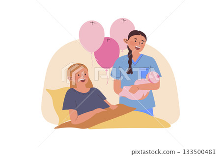 Healthcare concept with cartoon people for web design. Happy young mother lies in hospital room after giving birth to child, nurse holding newborn girl, supporting and caring. Vector illustration. Healthcare concept with cartoon people for web design. Happy young mother lies in hospital room after giving birth to child, nurse holding newborn girl, supporting and caring. Vector illustration. 133500481