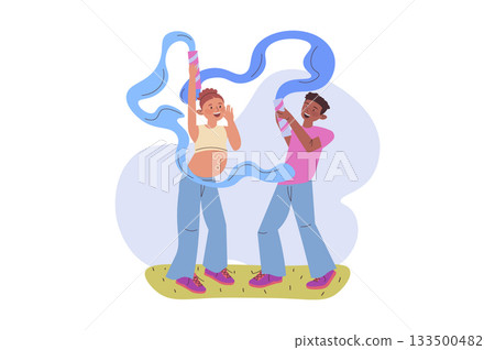 Gender party concept with cartoon people for web design. Pregnancy mother with father at baby shower reveal party, holding smoke bombs with blue color, celebrating birth of boy. Vector illustration. Gender party concept with cartoon people for web design. Pregnancy mother with father at baby shower reveal party, holding smoke bombs with blue color, celebrating birth of boy. Vector illustration. 133500482